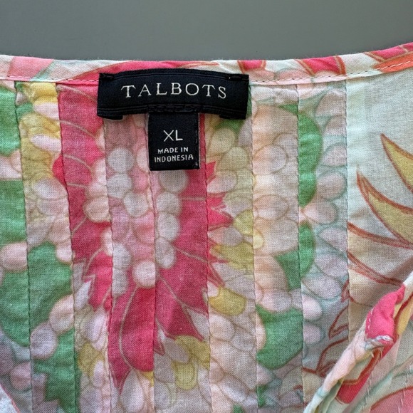 Talbots Womens XL Blouse Pink Yellow Floral Paisley Pintuck Cotton Split Neck - Picture 3 of 9